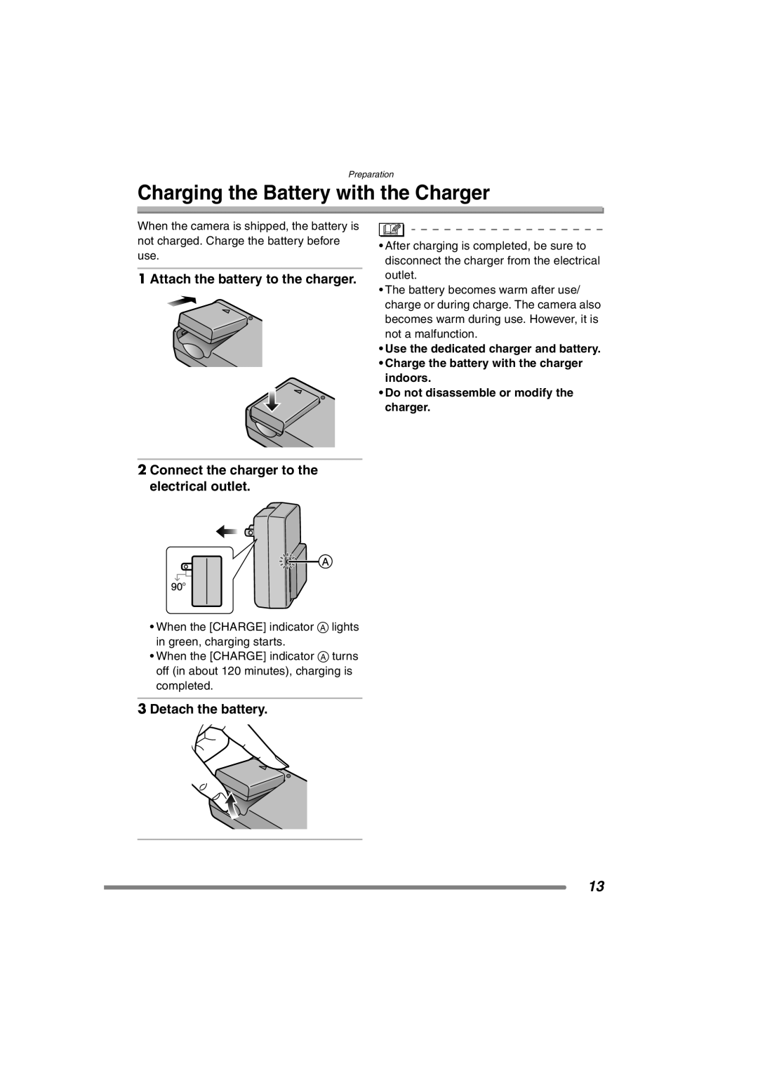 Panasonic DMC-FZ3PP Charging the Battery with the Charger, Attach the battery to the charger, Detach the battery 