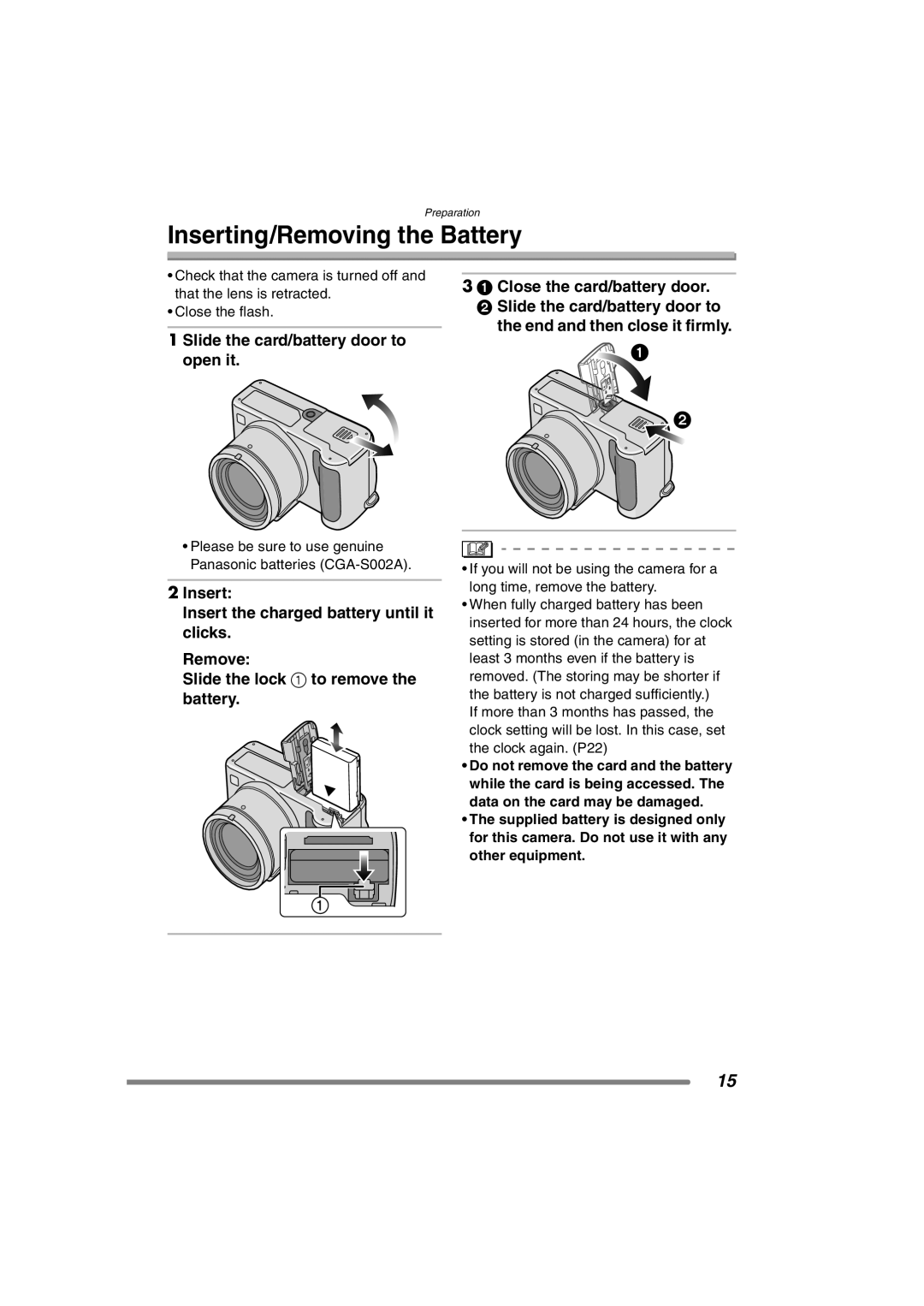 Panasonic DMC-FZ3PP operating instructions Inserting/Removing the Battery 