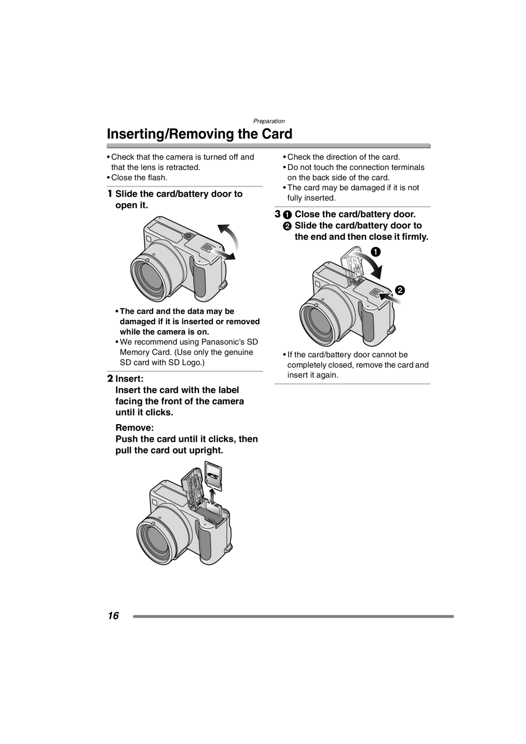 Panasonic DMC-FZ3PP operating instructions Inserting/Removing the Card, Slide the card/battery door to open it 