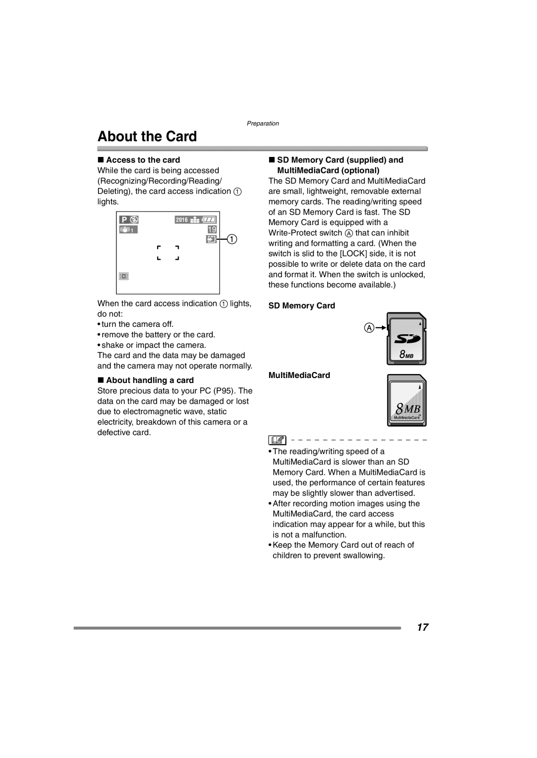 Panasonic DMC-FZ3PP About the Card, Access to the card, About handling a card, SD Memory Card MultiMediaCard 