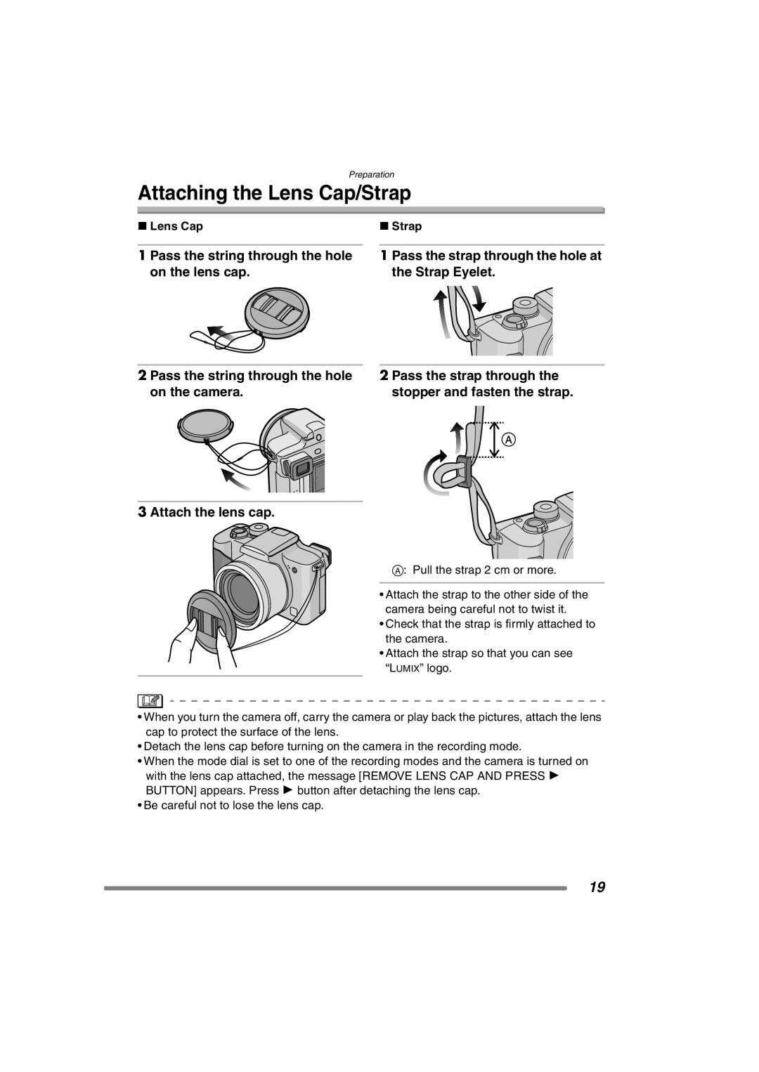 Panasonic DMC-FZ3PP operating instructions Attaching the Lens Cap/Strap, Pass the string through the hole on the lens cap 