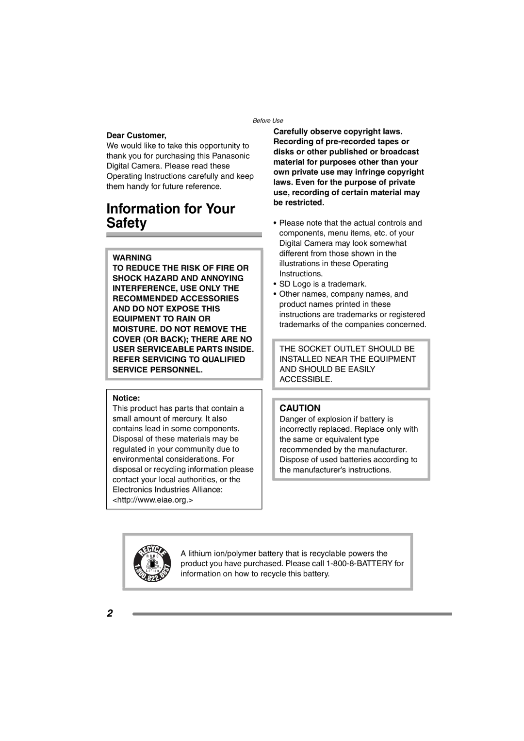 Panasonic DMC-FZ3PP operating instructions Information for Your Safety, Dear Customer 