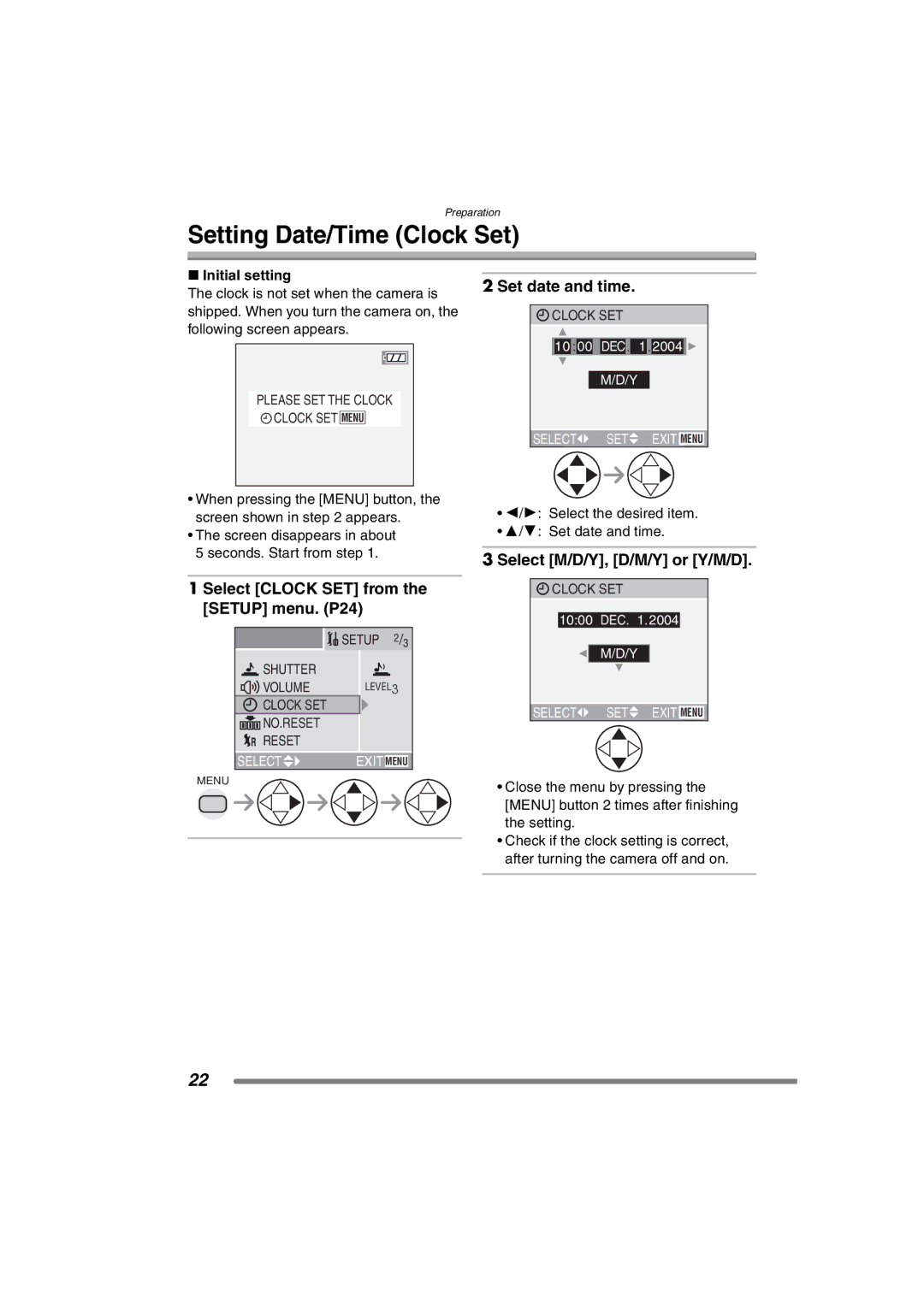 Panasonic DMC-FZ3PP Setting Date/Time Clock Set, Set date and time, Select Clock SET from the Setup menu. P24 