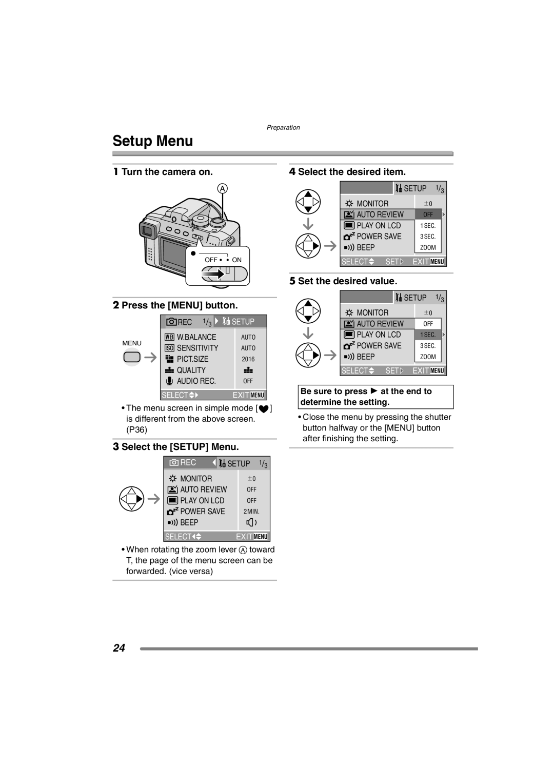 Panasonic DMC-FZ3PP operating instructions Setup Menu 