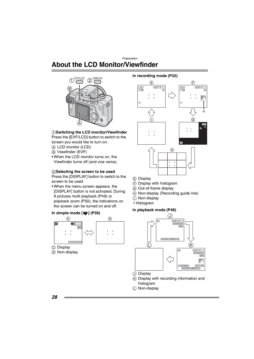 Panasonic DMC-FZ3PP About the LCD Monitor/Viewfinder, Simple mode P36, Recording mode P32, Playback mode P48 