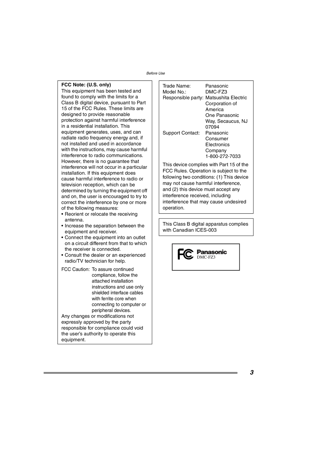 Panasonic DMC-FZ3PP operating instructions FCC Note U.S. only 