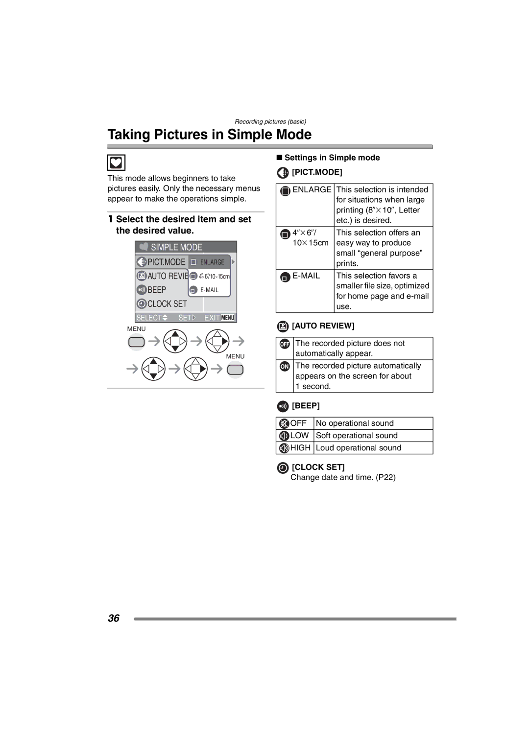 Panasonic DMC-FZ3PP Taking Pictures in Simple Mode, Select the desired item and set the desired value, Mail, Beep 