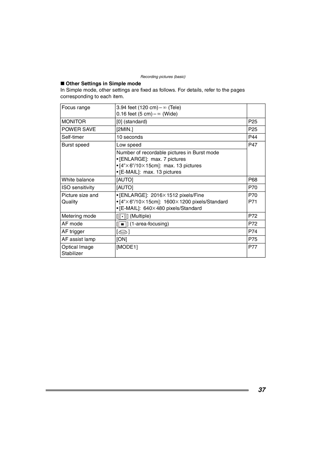 Panasonic DMC-FZ3PP operating instructions Other Settings in Simple mode, Auto, MODE1 