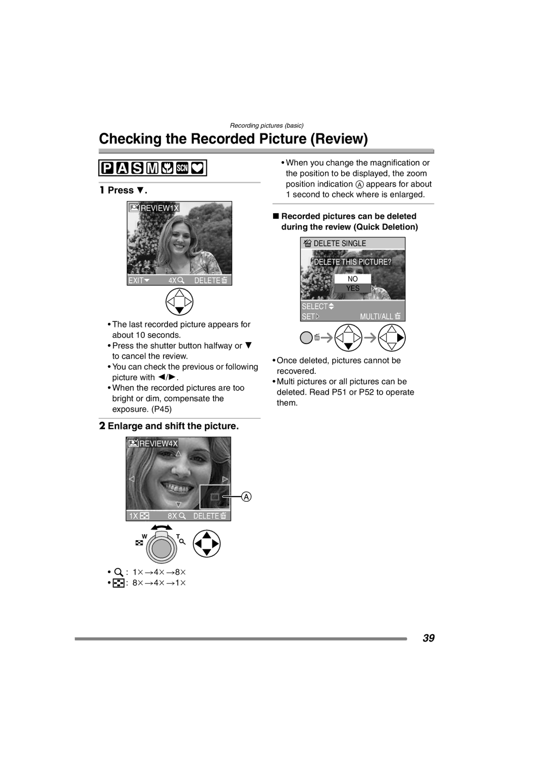 Panasonic DMC-FZ3PP operating instructions Checking the Recorded Picture Review, Press, Enlarge and shift the picture 