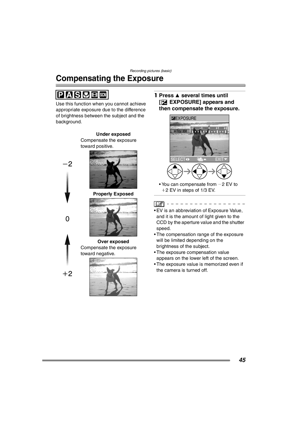 Panasonic DMC-FZ3PP operating instructions Compensating the Exposure, Under exposed, Properly Exposed Over exposed 