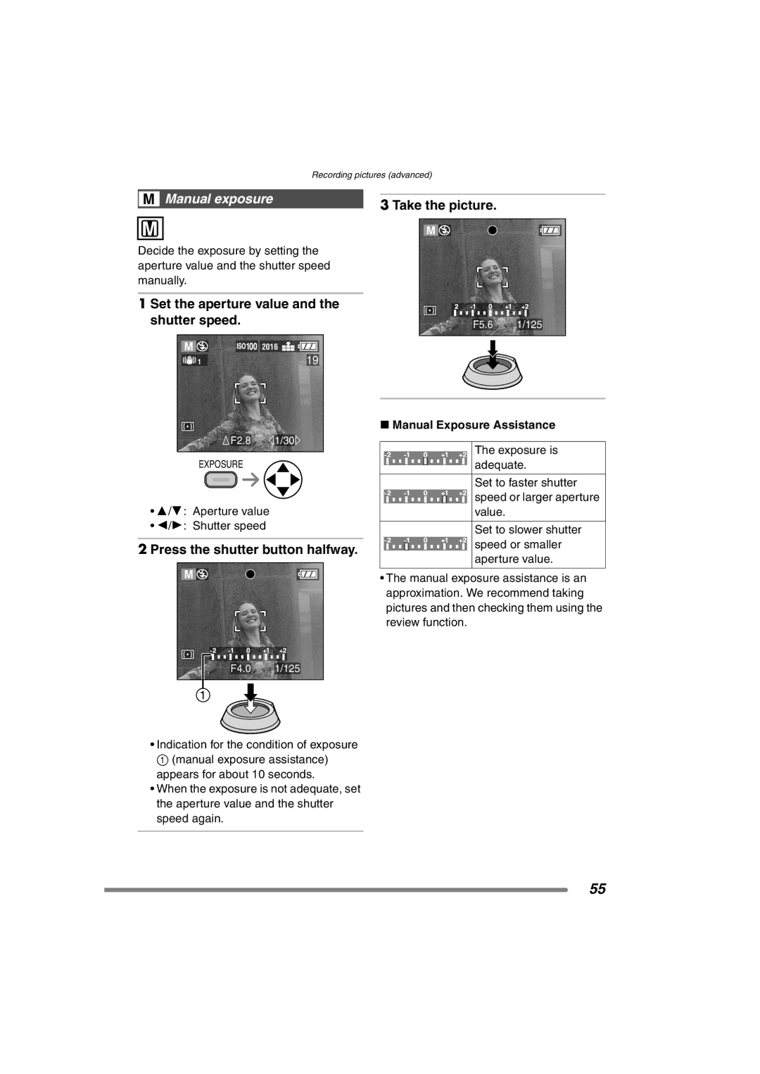 Panasonic DMC-FZ3PP operating instructions Manual exposure Take the picture, Set the aperture value and the shutter speed 