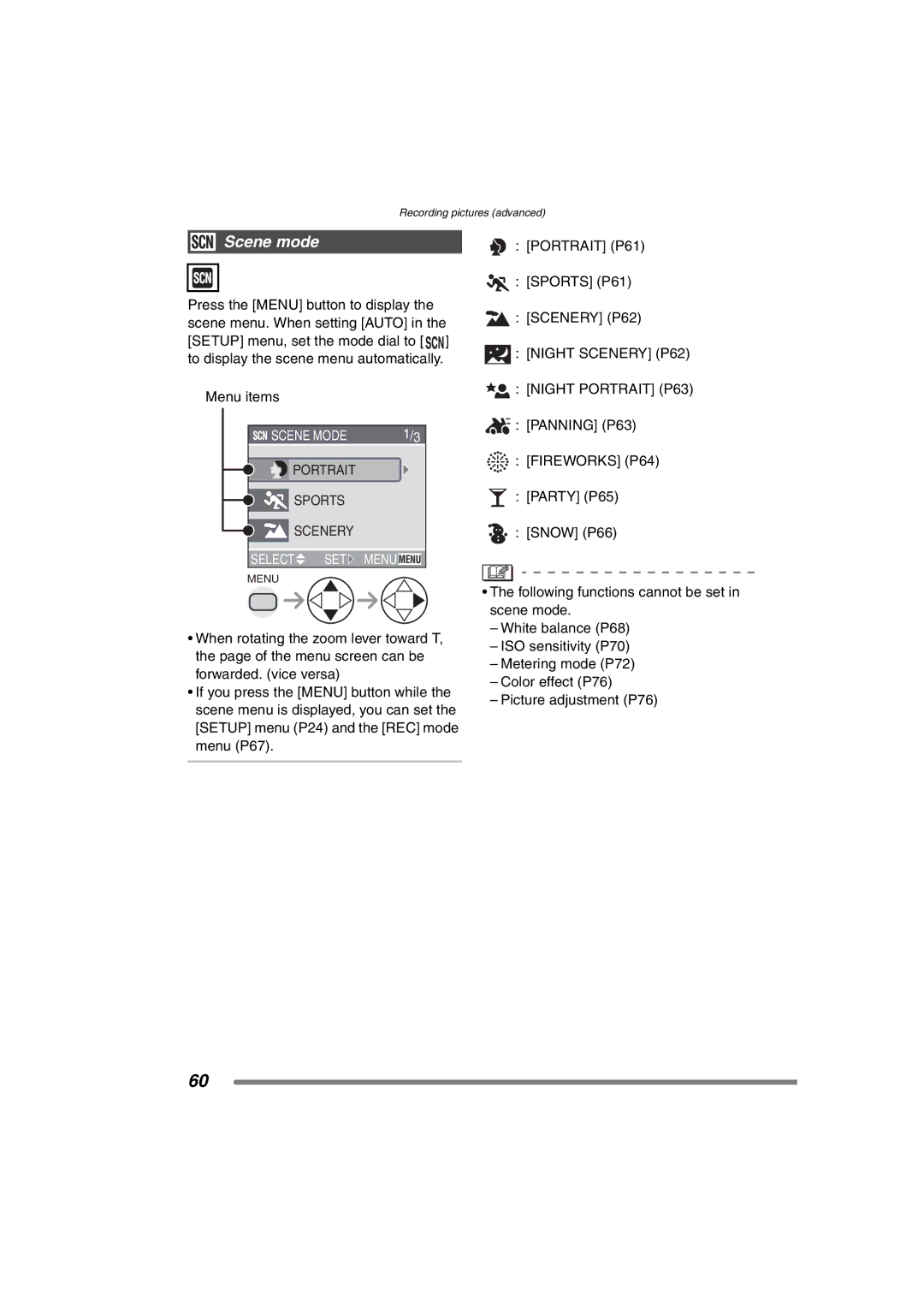 Panasonic DMC-FZ3PP operating instructions Scene mode, Night Scenery P62, Night Portrait P63 