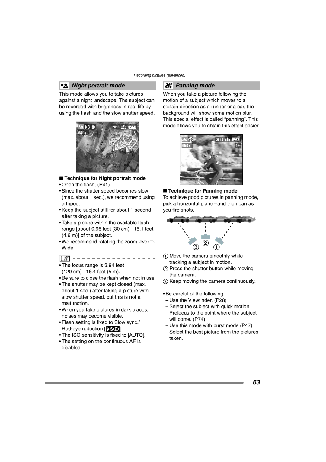 Panasonic DMC-FZ3PP operating instructions Technique for Night portrait mode, Technique for Panning mode 