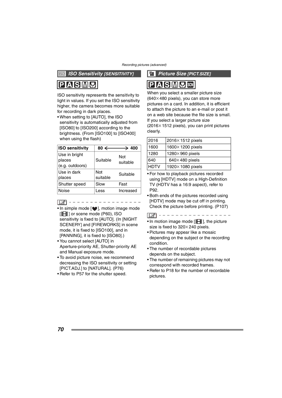 Panasonic DMC-FZ3PP operating instructions ISO Sensitivity Sensitivity Picture Size PICT.SIZE, ISO sensitivity 400, Hdtv 