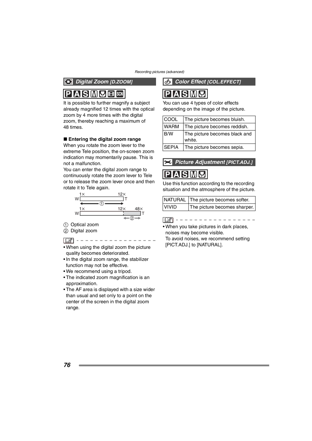 Panasonic DMC-FZ3PP operating instructions Digital Zoom D.ZOOM, Picture Adjustment PICT.ADJ 