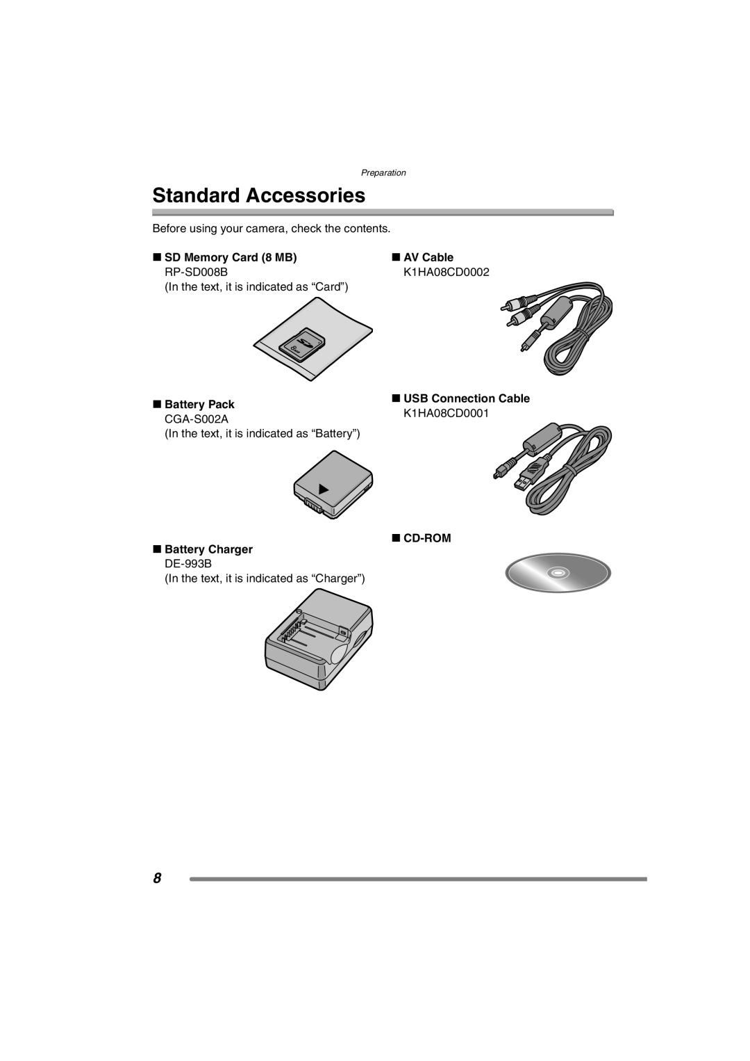 Panasonic DMC-FZ3PP operating instructions Standard Accessories, SD Memory Card 8 MB RP-SD008B, Battery Pack CGA-S002A 