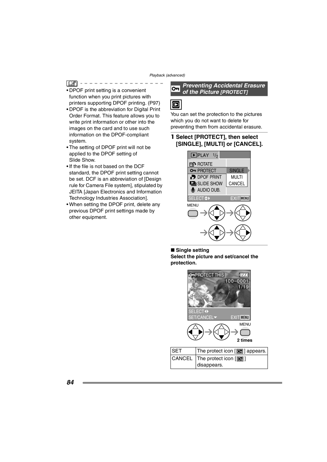 Panasonic DMC-FZ3PP operating instructions Preventing Accidental Erasure of the Picture Protect, Set, Cancel 