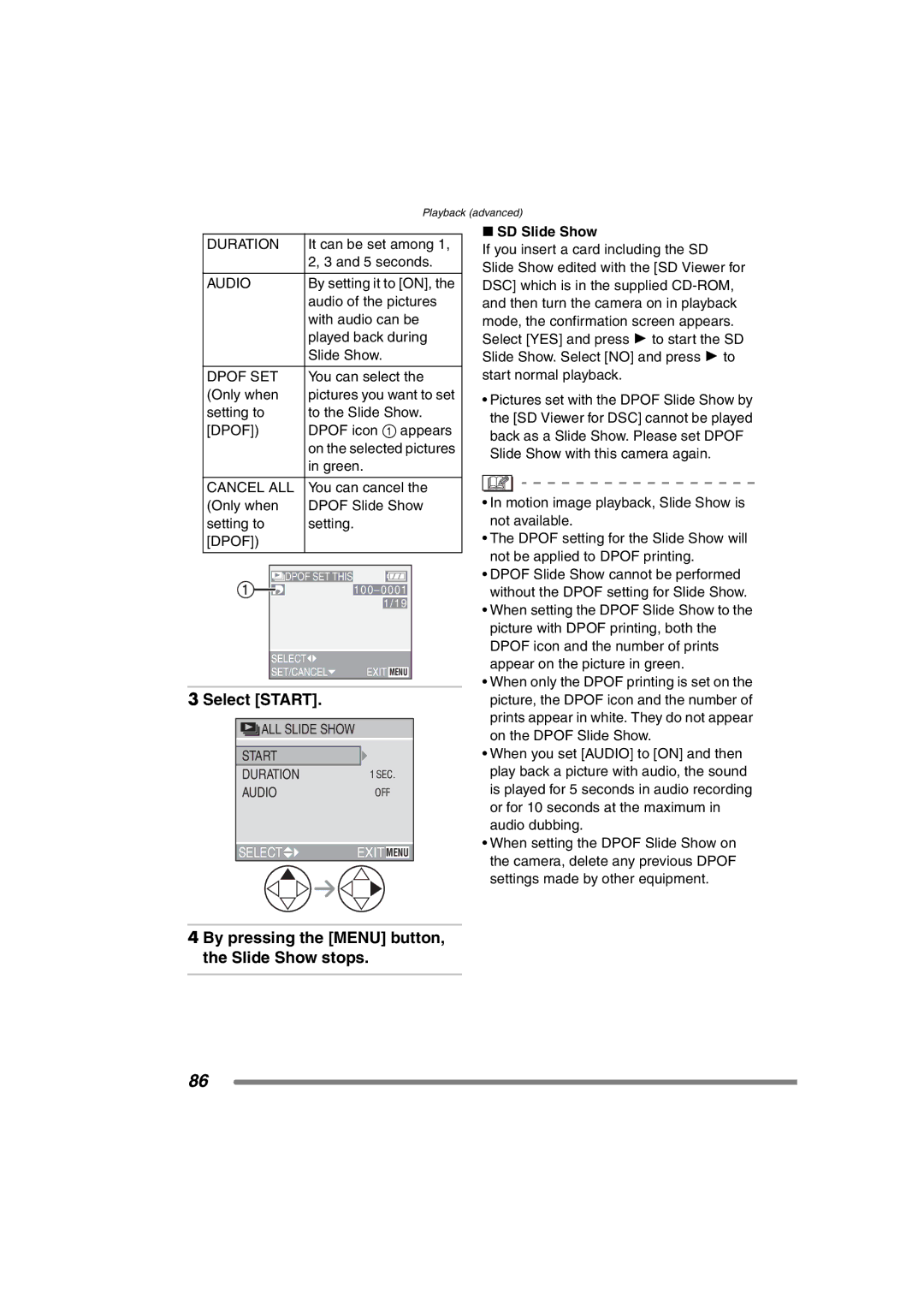 Panasonic DMC-FZ3PP operating instructions Select Start, By pressing the Menu button, the Slide Show stops, SD Slide Show 