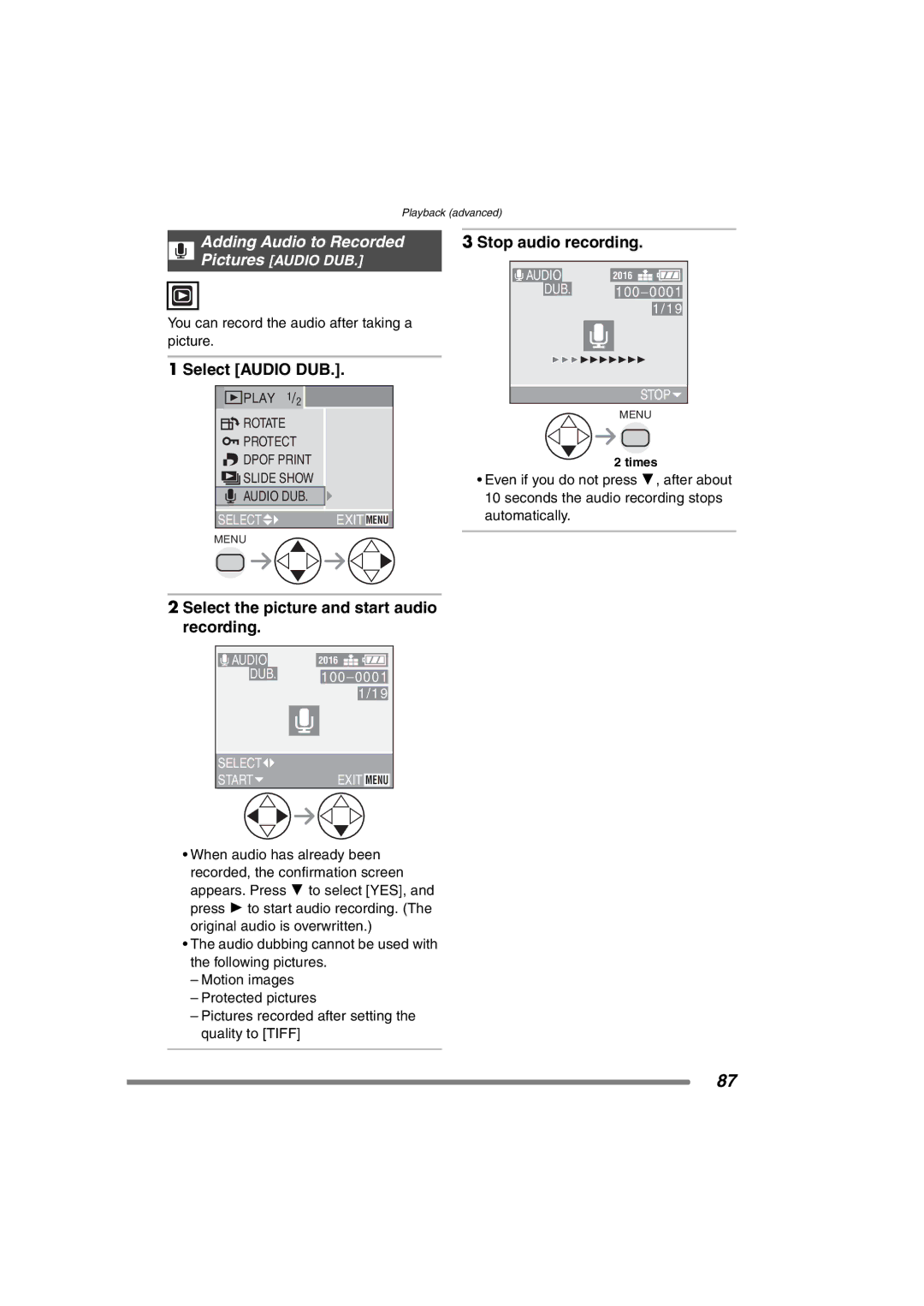 Panasonic DMC-FZ3PP operating instructions Adding Audio to Recorded Stop audio recording, Select Audio DUB 