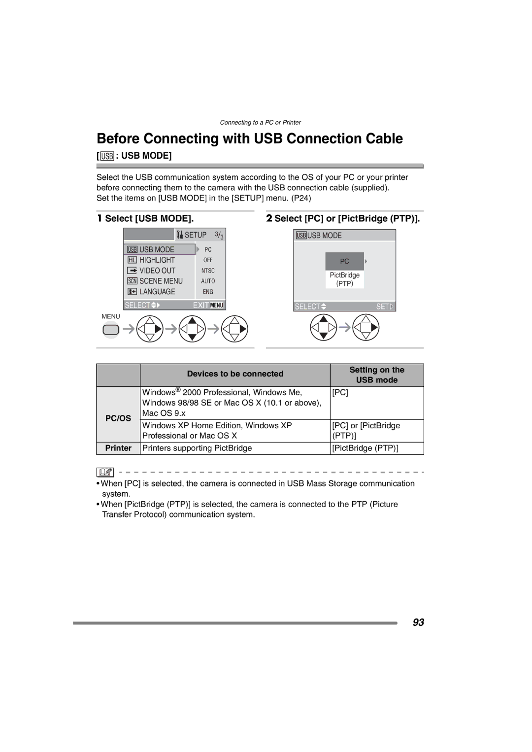 Panasonic DMC-FZ3PP Before Connecting with USB Connection Cable, Select USB Mode, Select PC or PictBridge PTP 