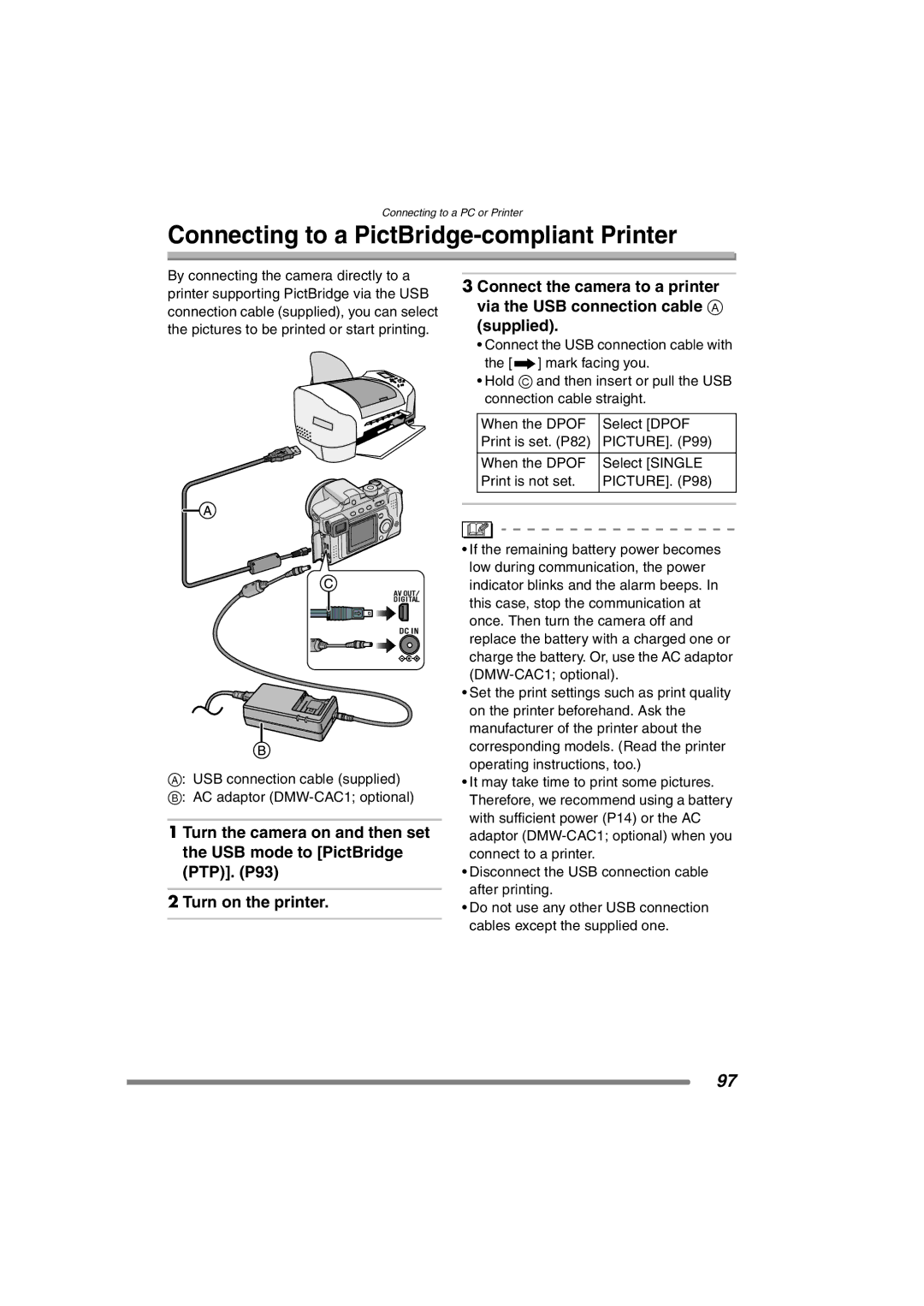 Panasonic DMC-FZ3PP operating instructions Connecting to a PictBridge-compliant Printer, PICTURE. P99, PICTURE. P98 