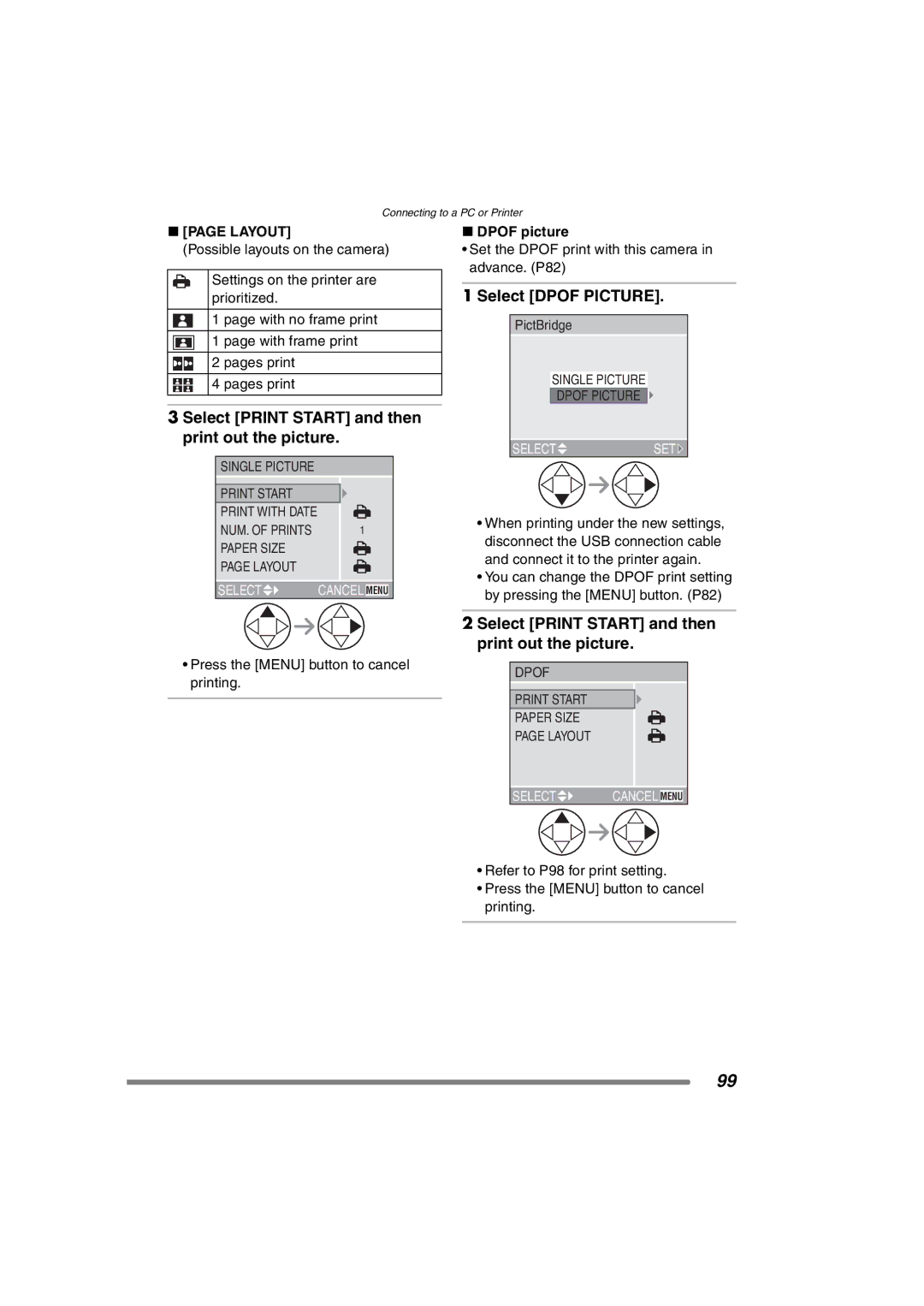 Panasonic DMC-FZ3PP Select Print Start and then print out the picture, Select Dpof Picture, Dpof picture 