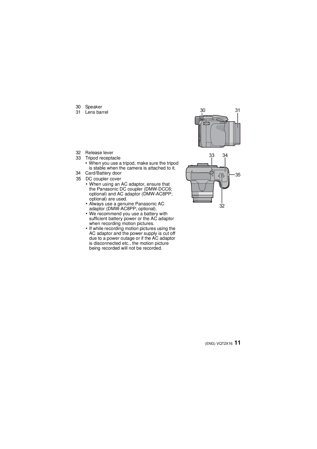 Panasonic VQT2X16, DMC-FZ40 operating instructions Speaker Lens barrel Release lever Tripod receptacle 