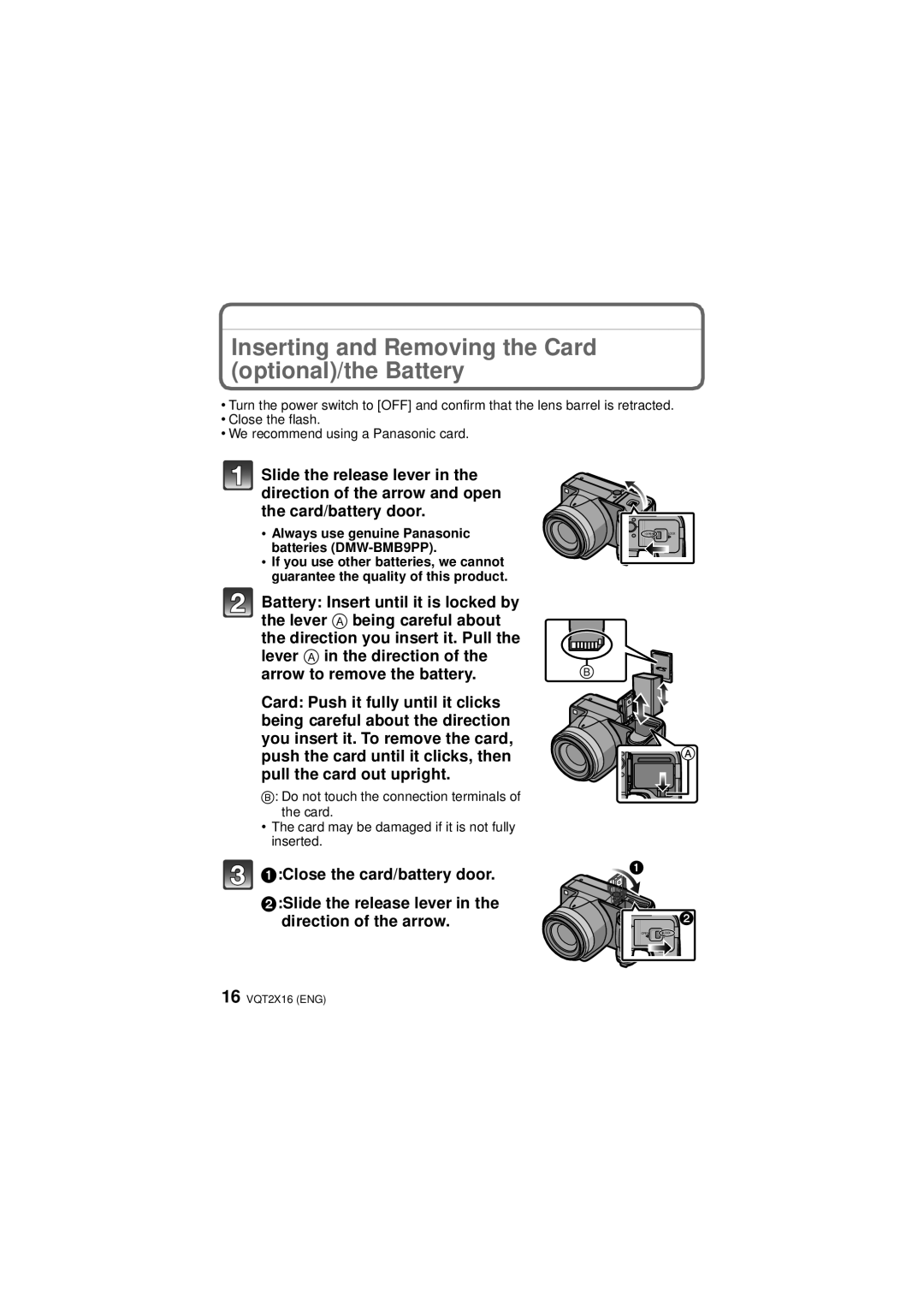 Panasonic DMC-FZ40, VQT2X16 operating instructions Inserting and Removing the Card optional/the Battery 