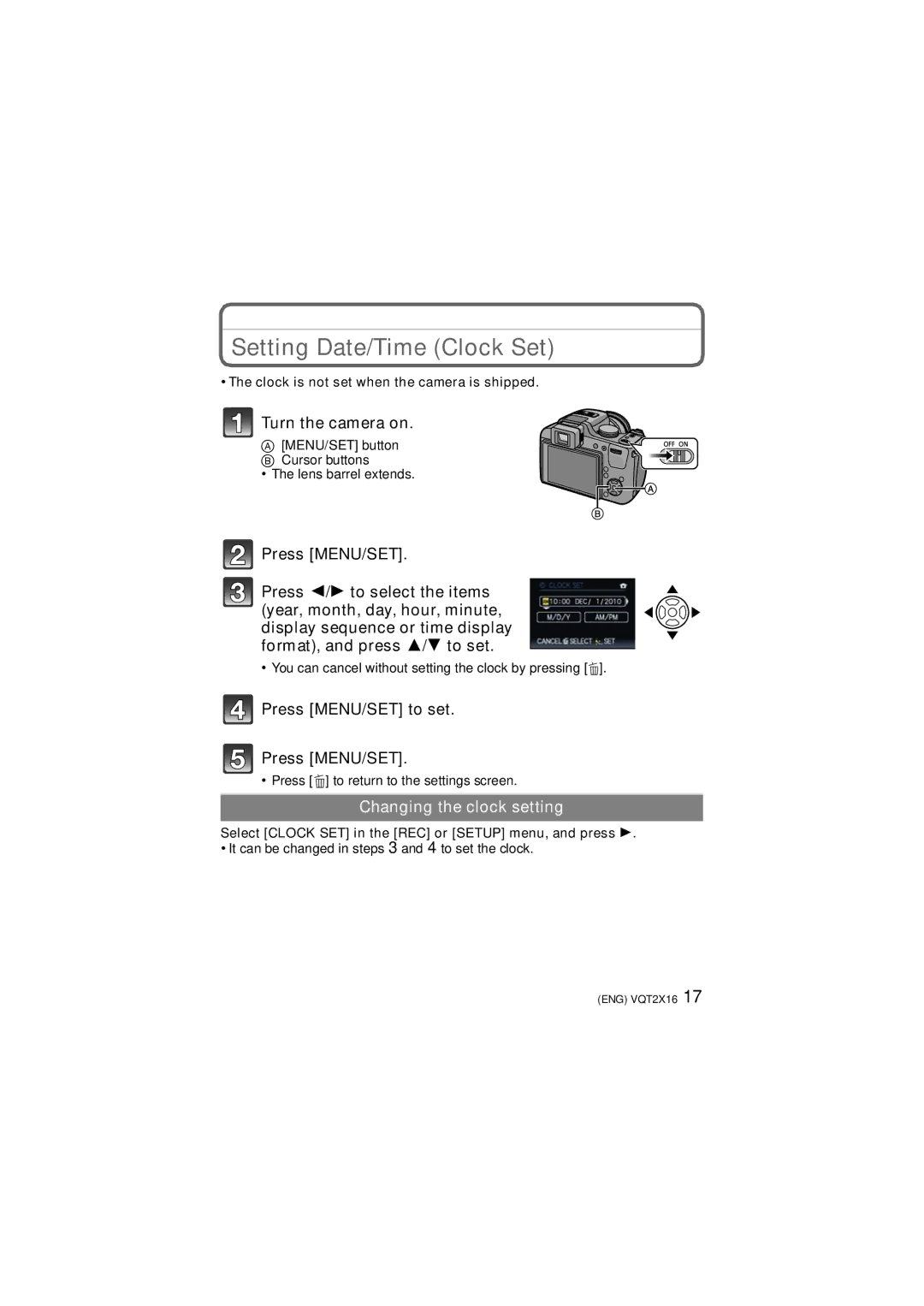 Panasonic VQT2X16, DMC-FZ40 operating instructions Setting Date/Time Clock Set, Clock is not set when the camera is shipped 