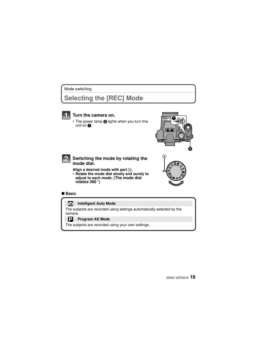 Panasonic VQT2X16, DMC-FZ40 operating instructions Selecting the REC Mode, Basic, Intelligent Auto Mode, Program AE Mode 