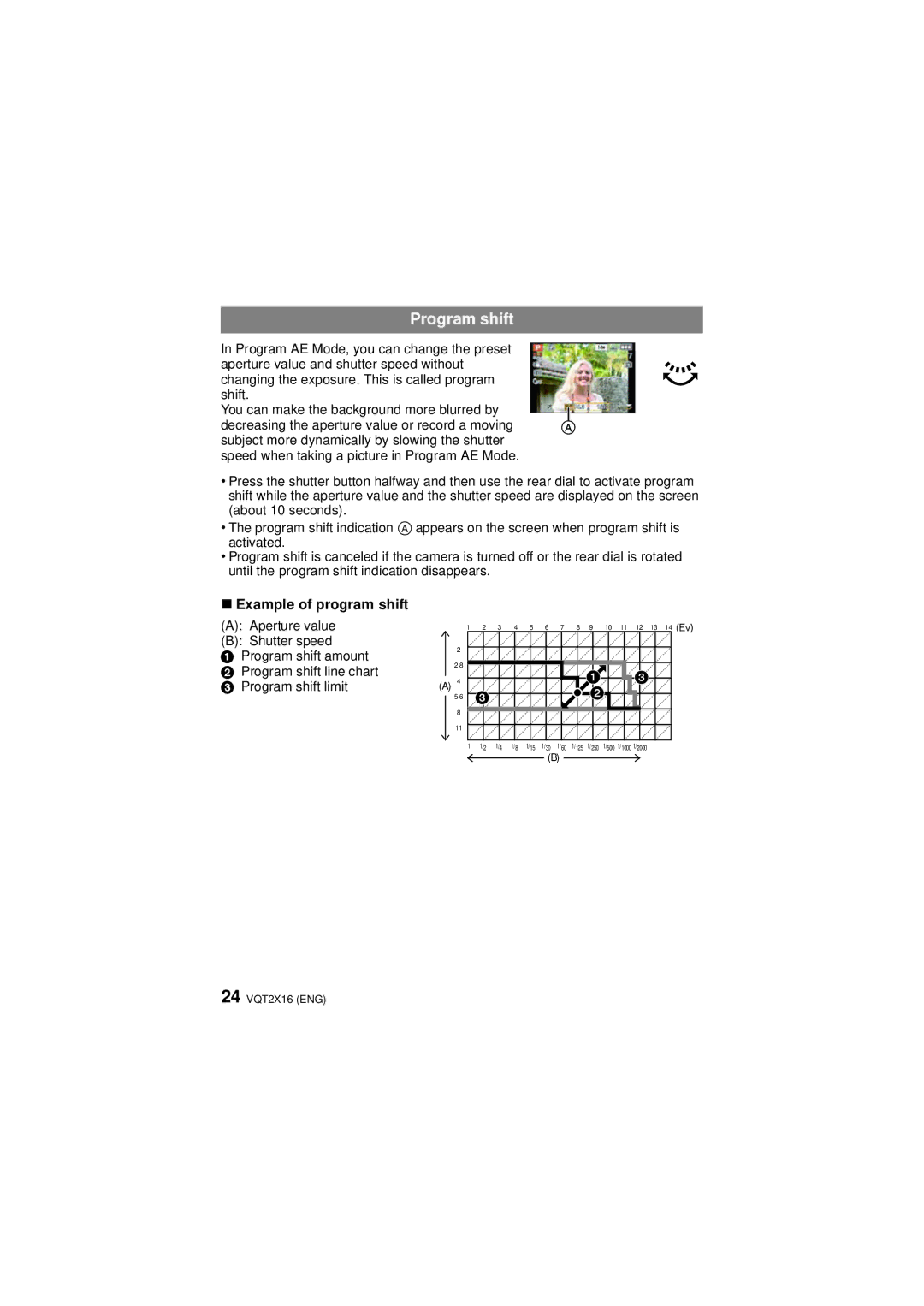 Panasonic DMC-FZ40, VQT2X16 operating instructions Program shift, Example of program shift 