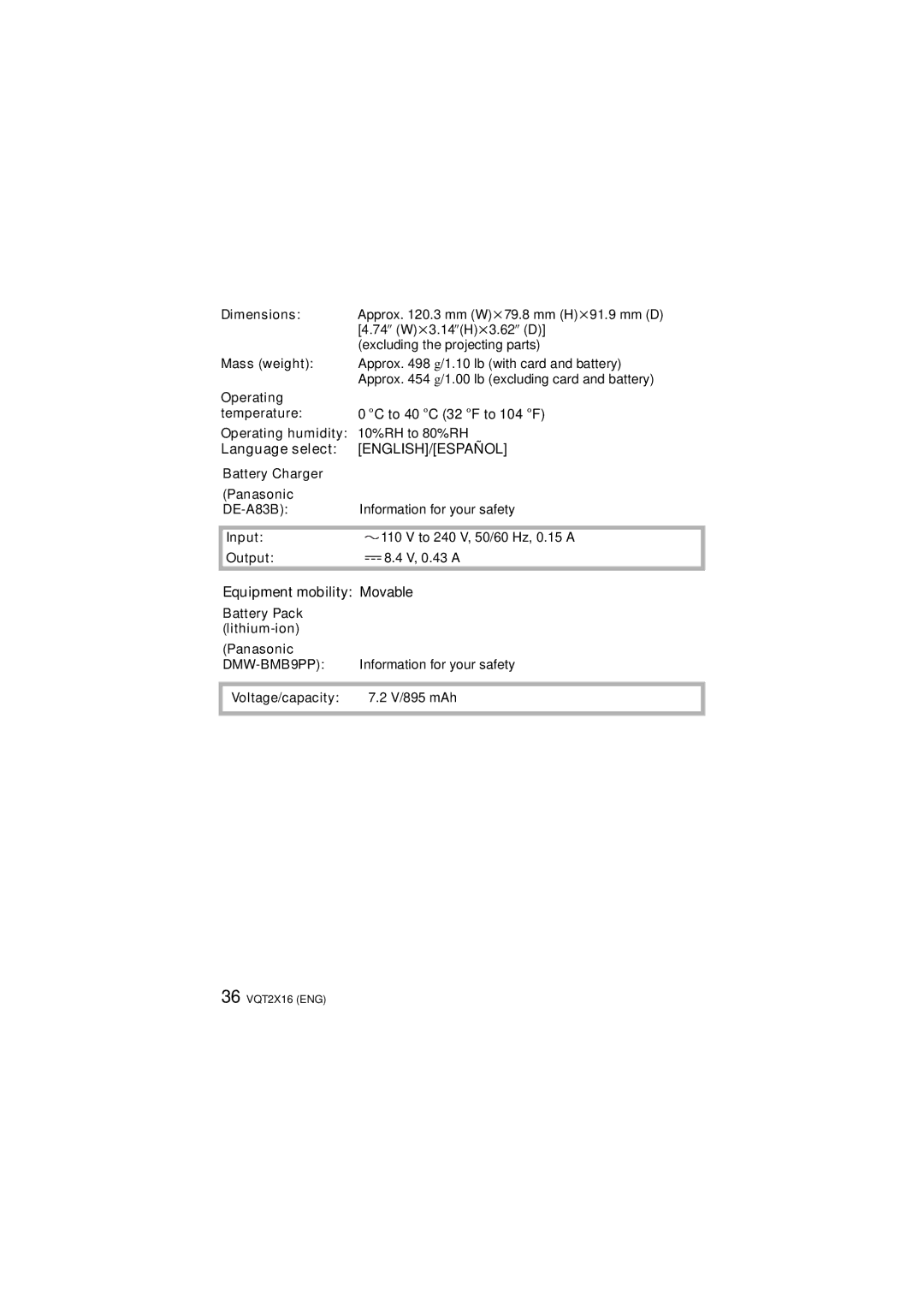 Panasonic DMC-FZ40, VQT2X16 operating instructions Equipment mobility Movable 