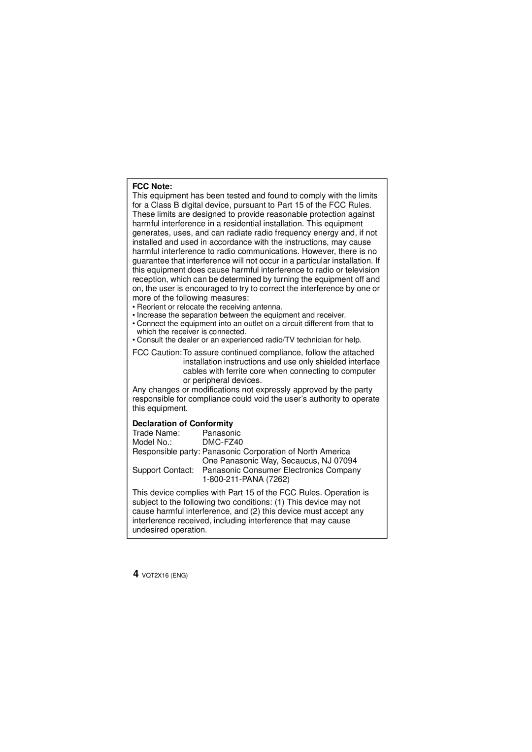 Panasonic DMC-FZ40, VQT2X16 operating instructions FCC Note, Declaration of Conformity 