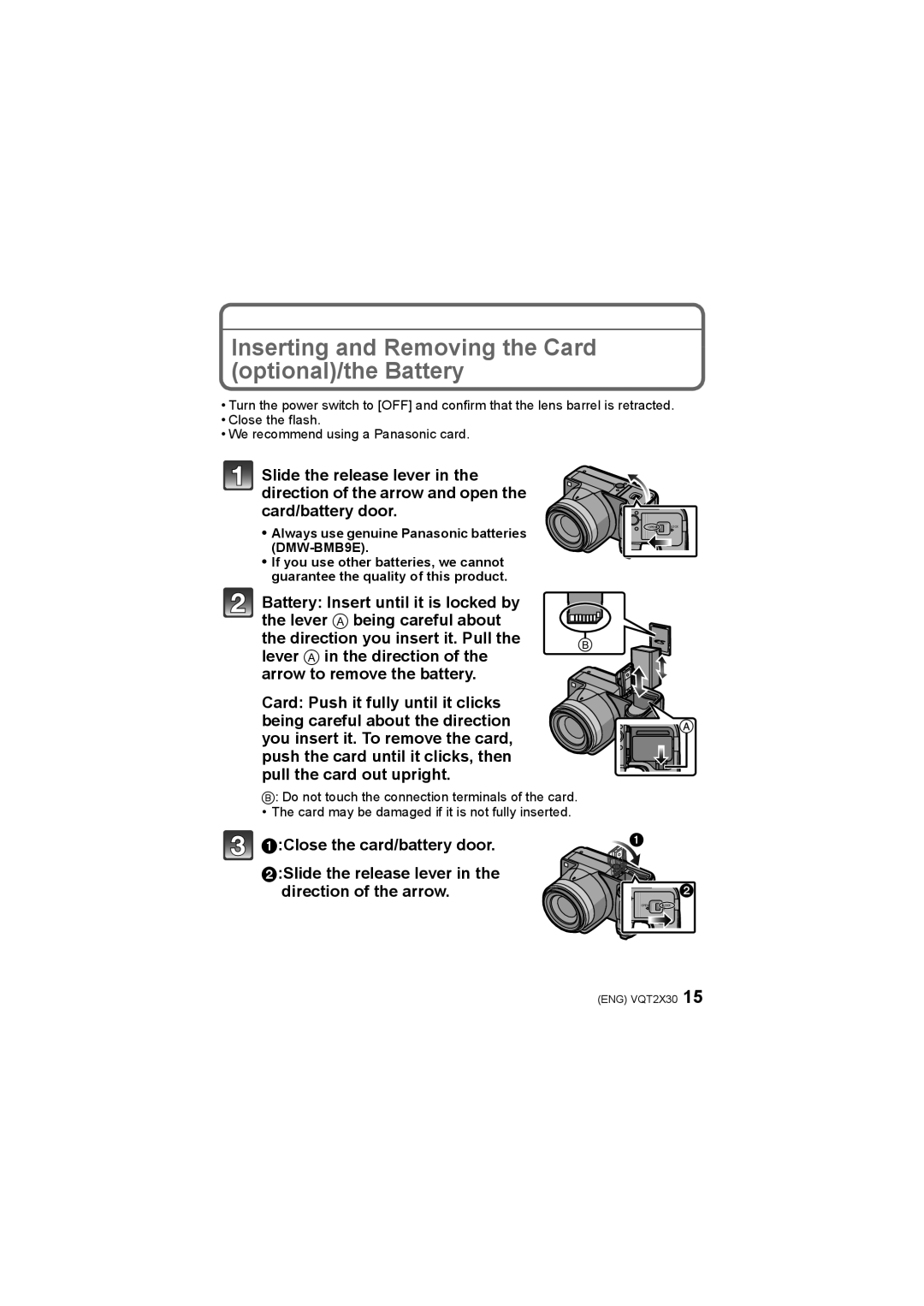 Panasonic DMC-FZ40 operating instructions Inserting and Removing the Card optional/the Battery 