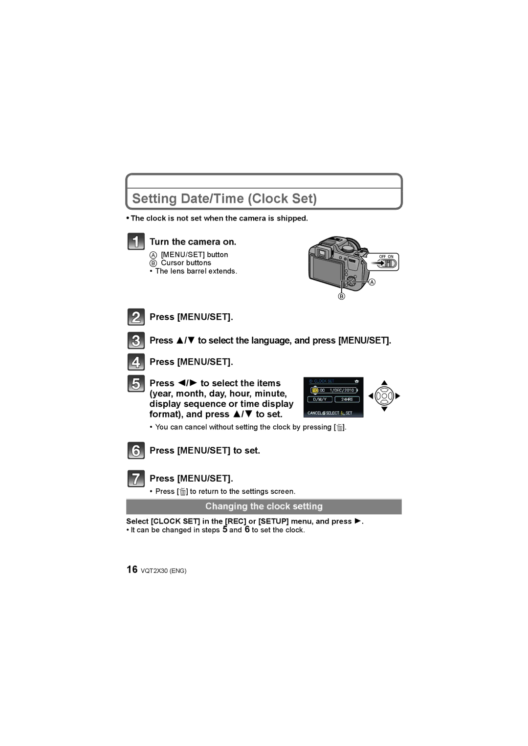 Panasonic DMC-FZ40 operating instructions Setting Date/Time Clock Set, Turn the camera on, Press MENU/SET to set 