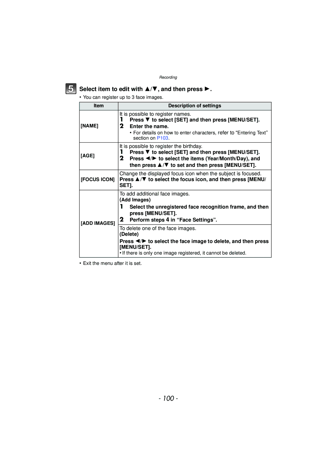 Panasonic DMCFZ47K, DMC-FZ47, VQT3R48 owner manual 100, Select item to edit with 3/4, and then press, Menu/Set 