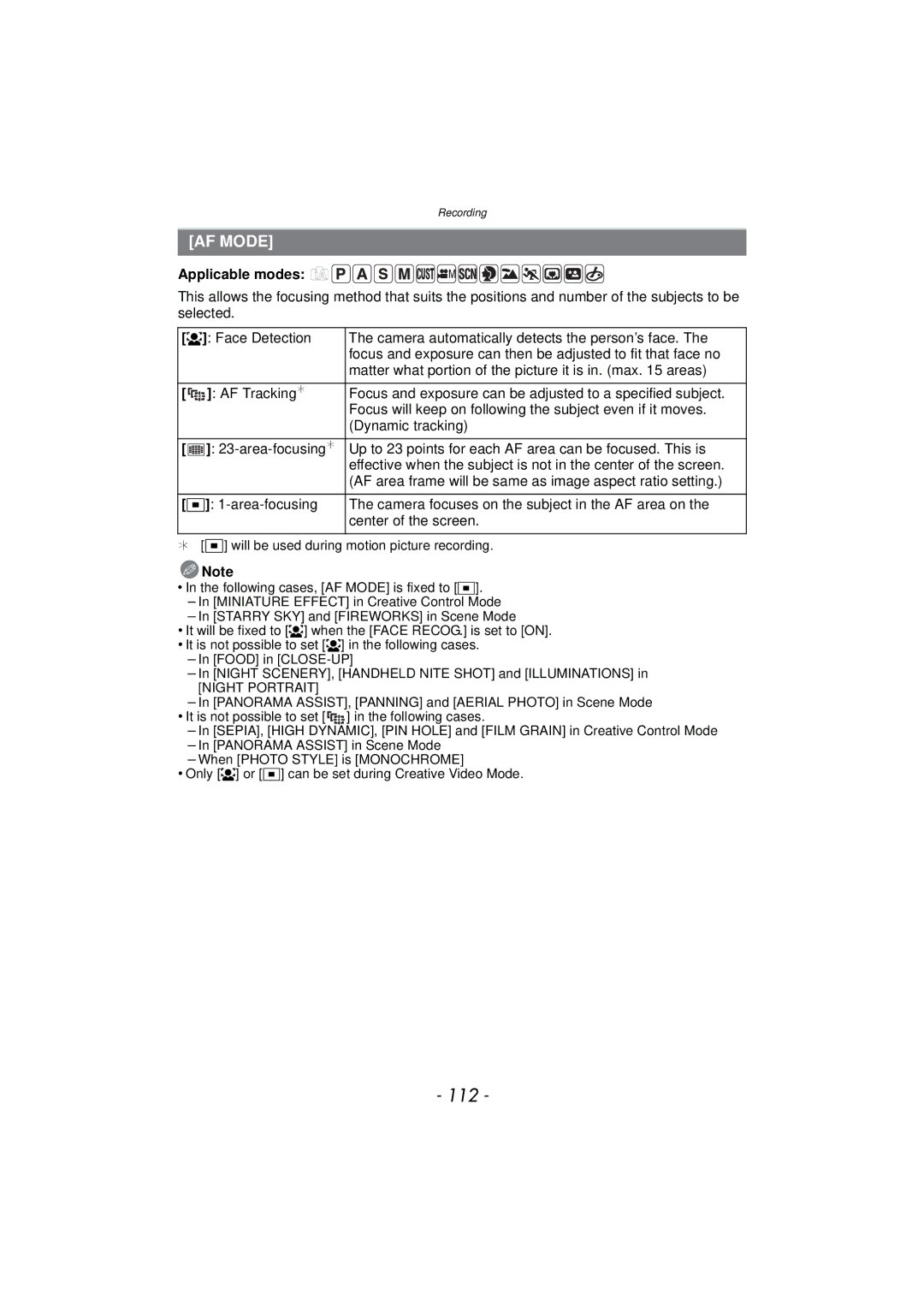 Panasonic DMCFZ47K, DMC-FZ47, VQT3R48 owner manual 112, AF Mode 