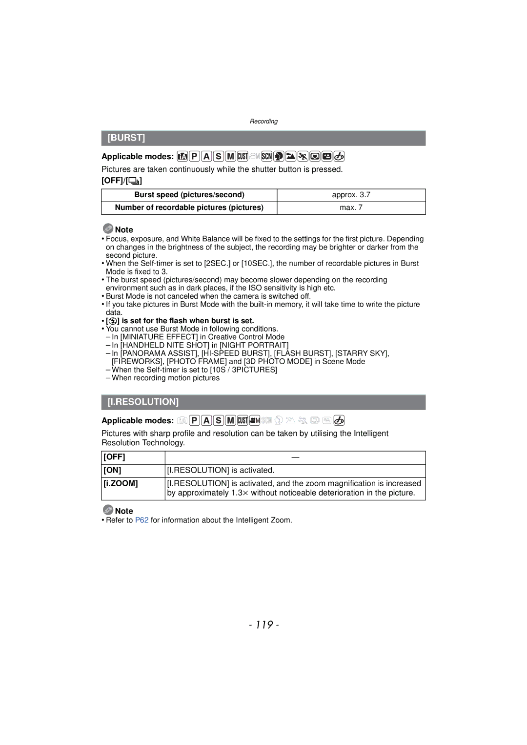 Panasonic VQT3R48, DMC-FZ47, DMCFZ47K owner manual 119, Burst, Resolution, Off/˜, Zoom 