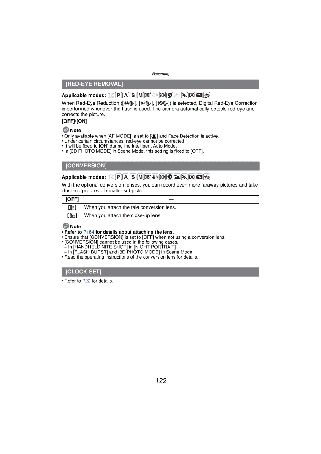 Panasonic VQT3R48 122, RED-EYE Removal, Conversion, Clock SET, Refer to P164 for details about attaching the lens 