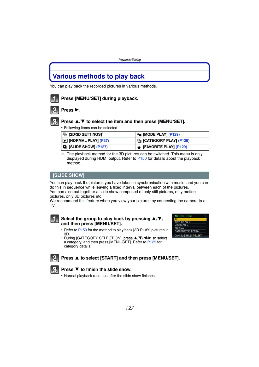 Panasonic DMCFZ47K, DMC-FZ47, VQT3R48 owner manual Various methods to play back, 127, Slide Show 