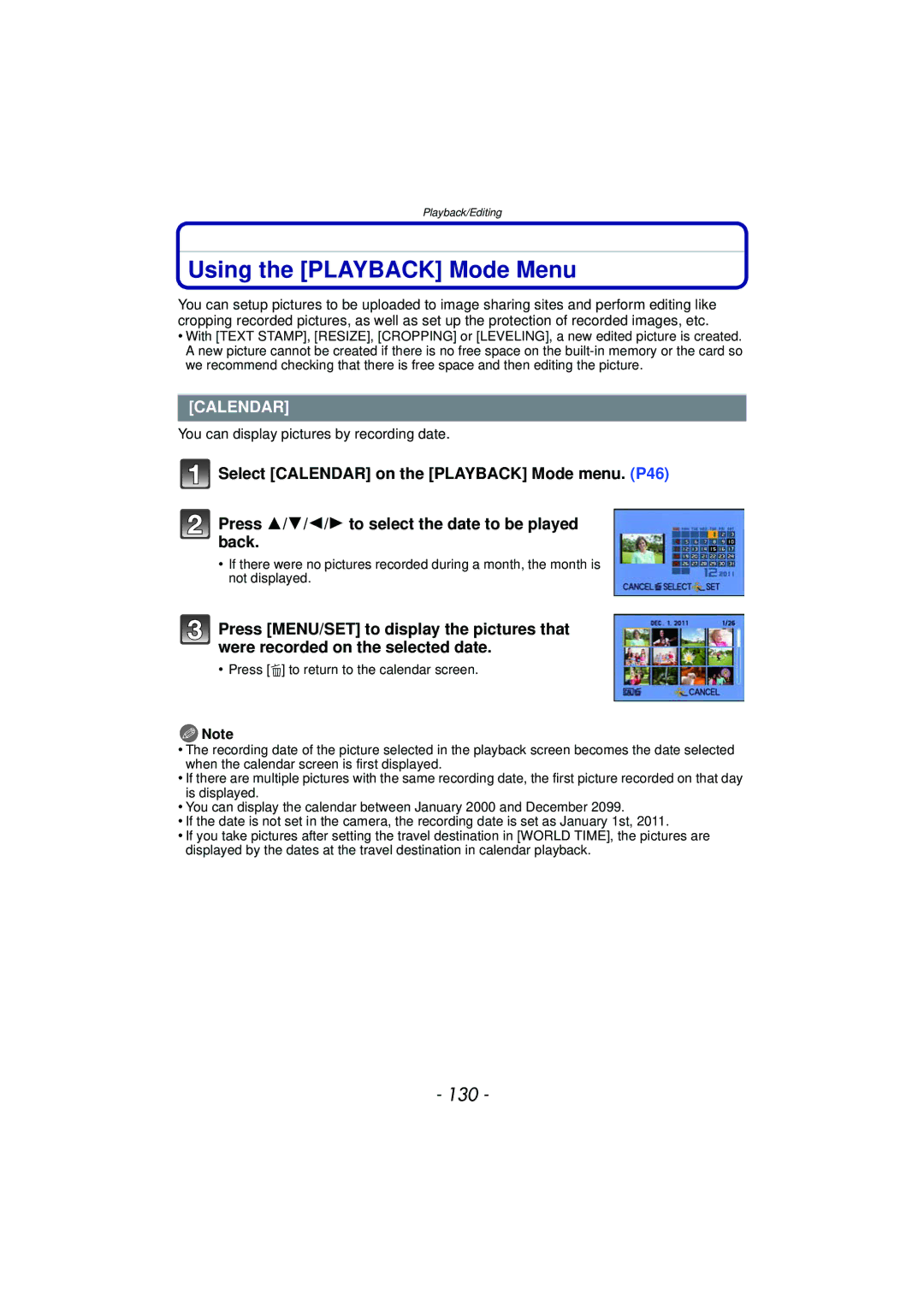 Panasonic DMCFZ47K, DMC-FZ47 Using the Playback Mode Menu, 130, Calendar, You can display pictures by recording date 