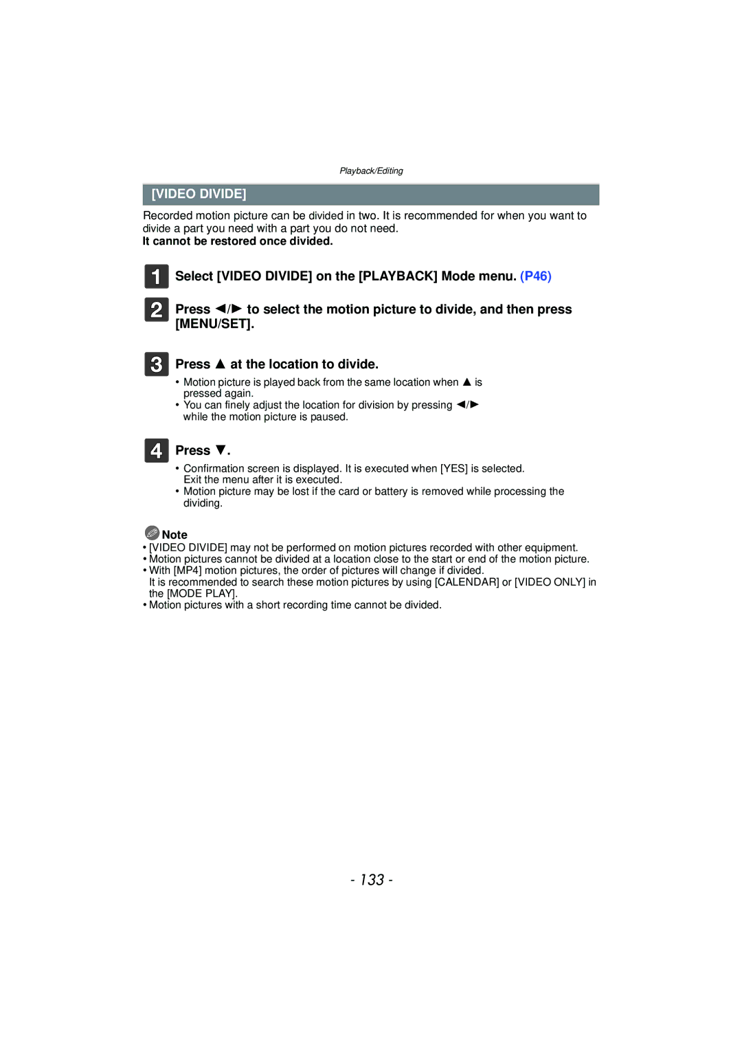 Panasonic DMCFZ47K, DMC-FZ47, VQT3R48 owner manual 133, Video Divide, It cannot be restored once divided 