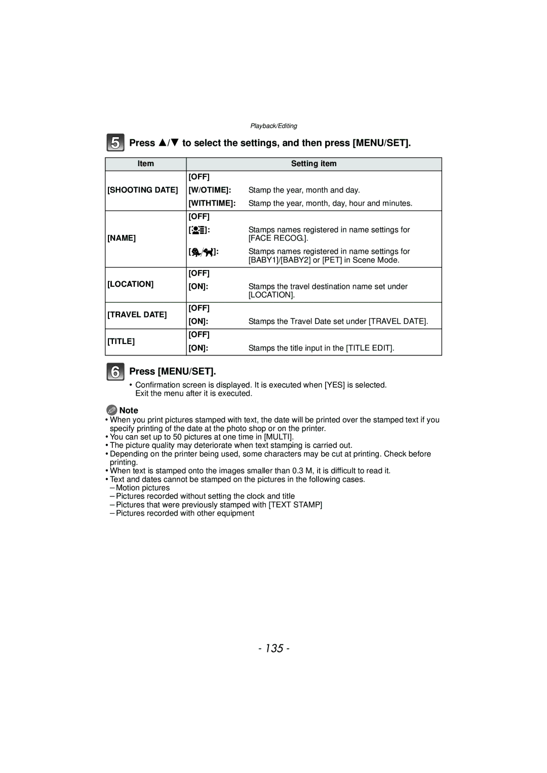 Panasonic DMC-FZ47, DMCFZ47K, VQT3R48 owner manual 135, Press 3/4 to select the settings, and then press MENU/SET 