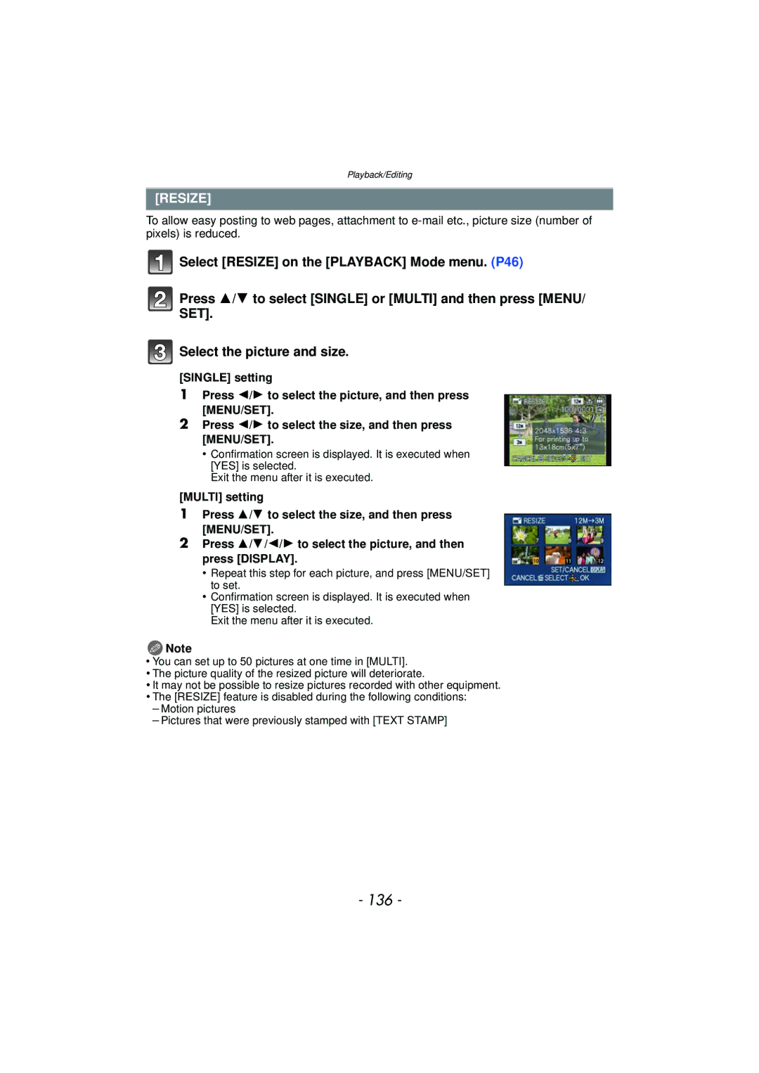 Panasonic DMCFZ47K, DMC-FZ47, VQT3R48 owner manual 136, Resize, Select the picture and size 