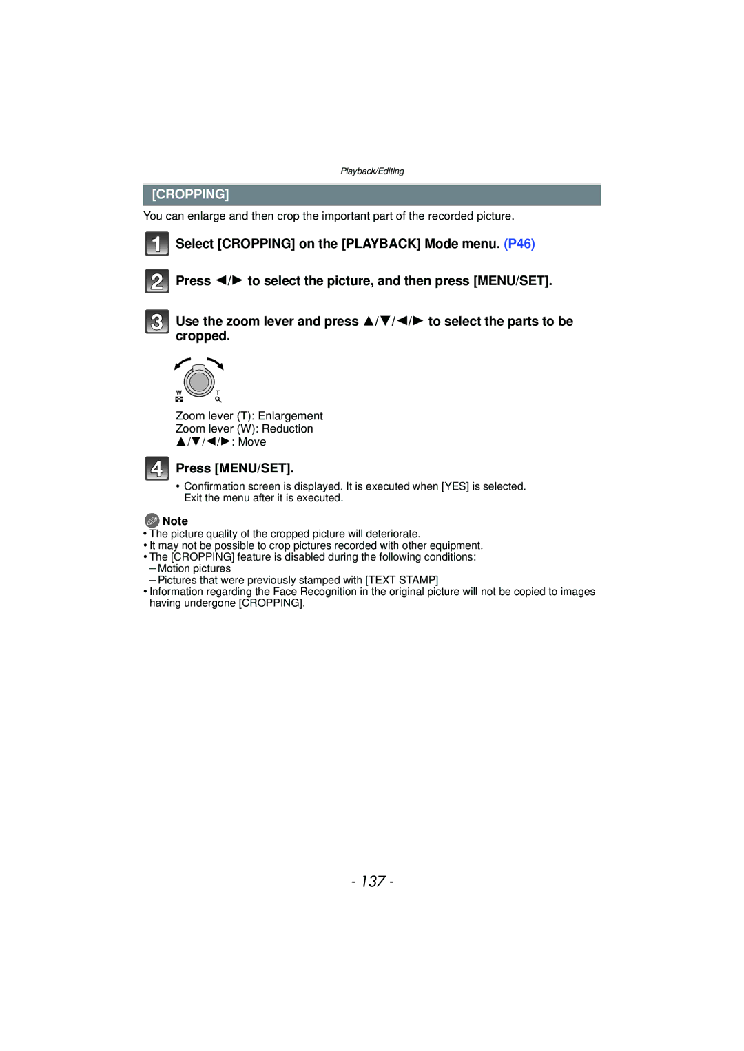 Panasonic VQT3R48, DMC-FZ47, DMCFZ47K owner manual 137, Cropping, Zoom lever T Enlargement Zoom lever W Reduction 2/1 Move 