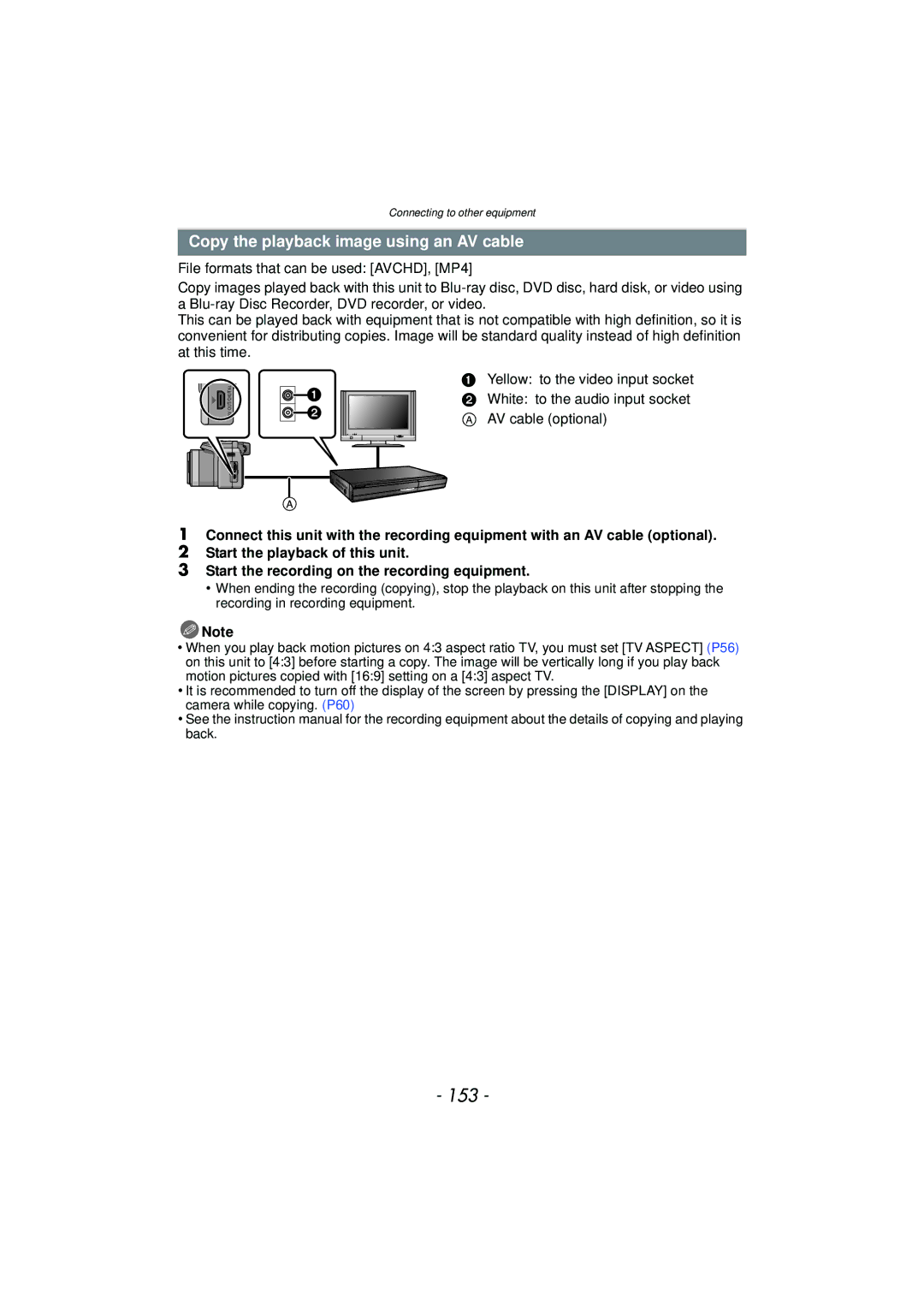 Panasonic DMC-FZ47, DMCFZ47K, VQT3R48 owner manual 153, Copy the playback image using an AV cable 