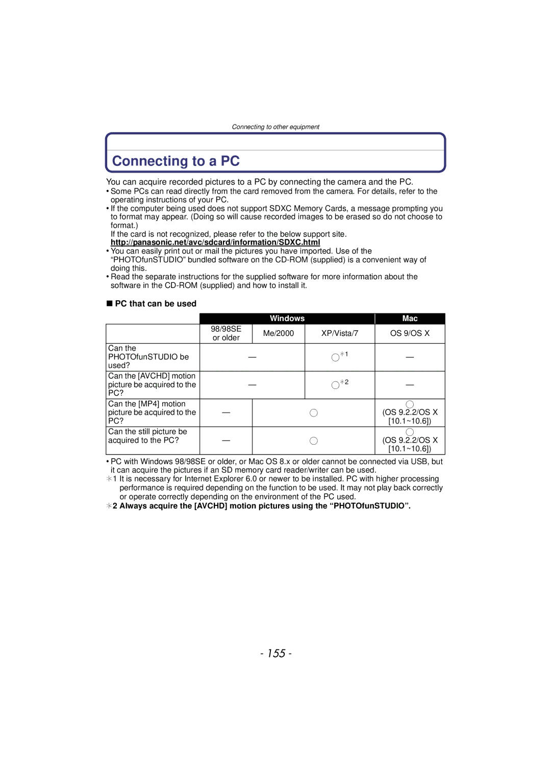 Panasonic VQT3R48, DMC-FZ47, DMCFZ47K owner manual Connecting to a PC, 155, PC that can be used 