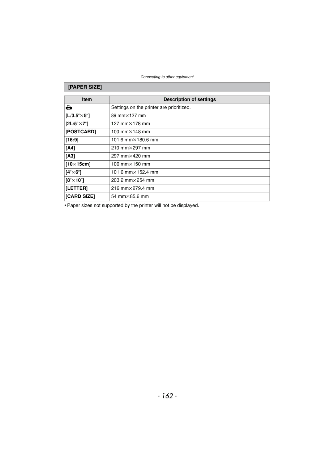 Panasonic DMC-FZ47, DMCFZ47K, VQT3R48 owner manual 162, Paper Size 