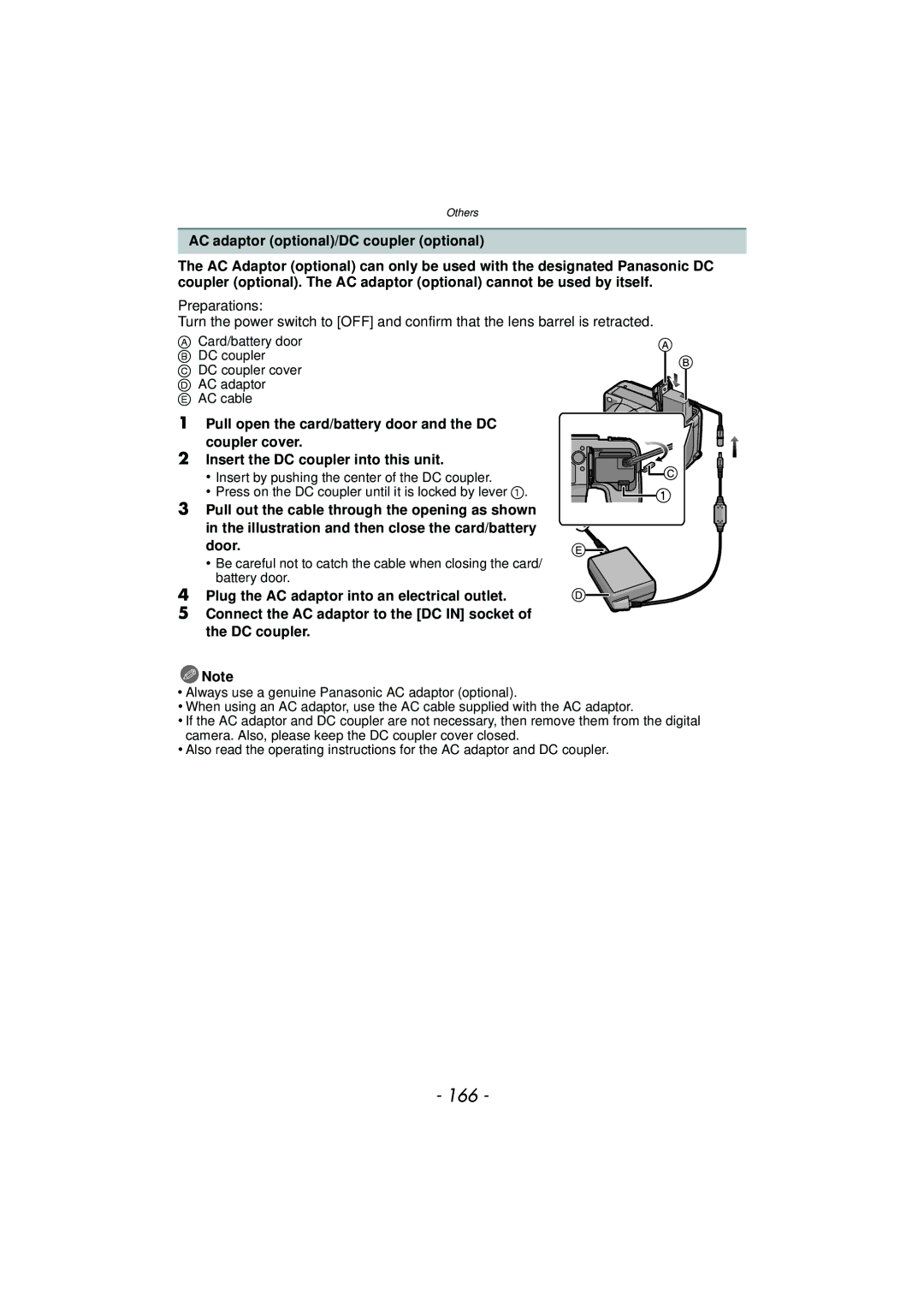 Panasonic DMCFZ47K, DMC-FZ47, VQT3R48 owner manual 166, AC adaptor optional/DC coupler optional 