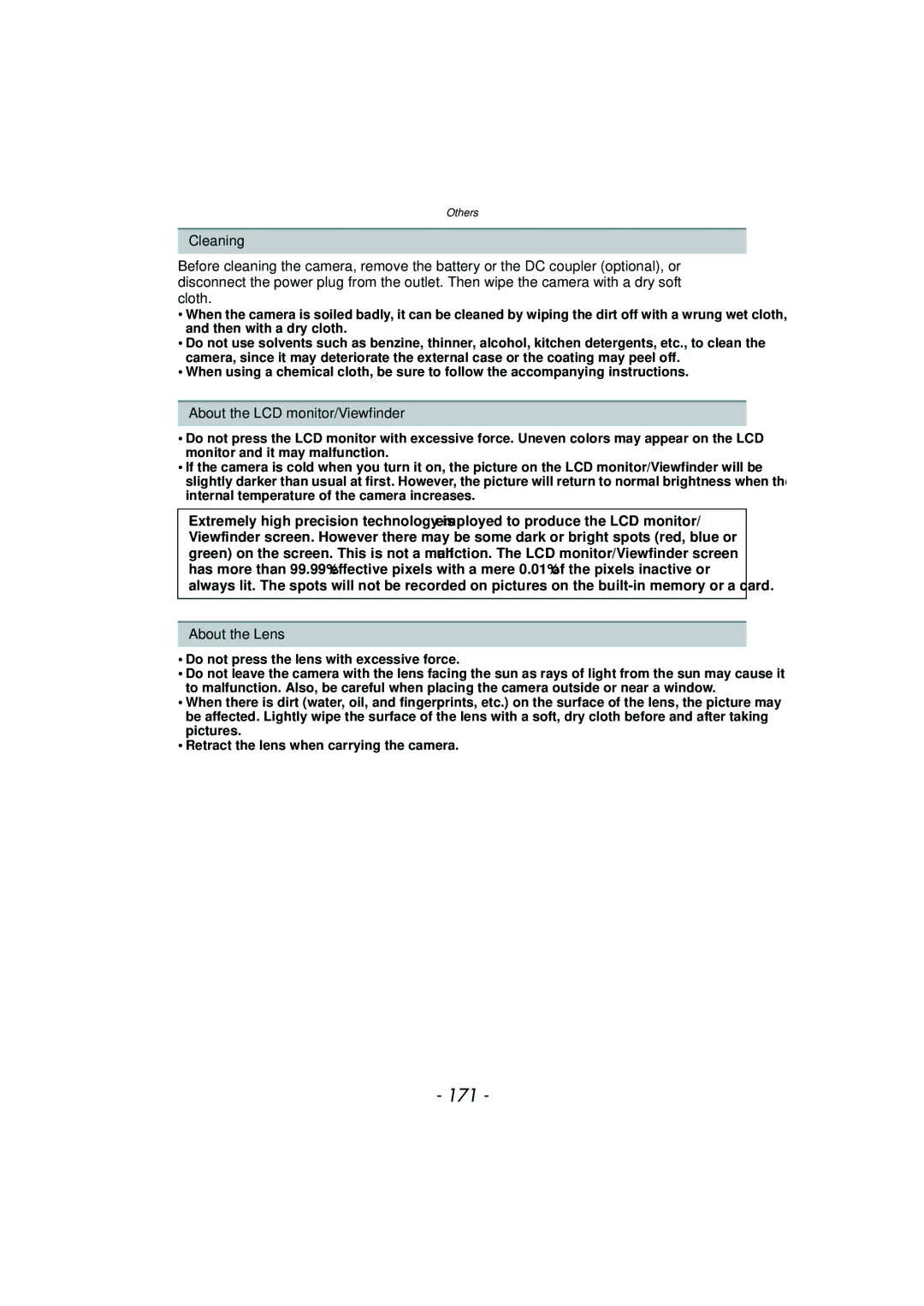 Panasonic DMC-FZ47, DMCFZ47K, VQT3R48 owner manual 171, About the LCD monitor/Viewfinder, About the Lens 